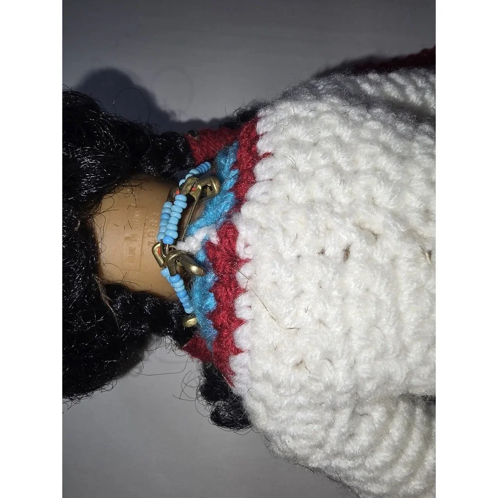 Vintage 12 Inch Fashion Doll Hand Crochet White Turquoise Burgundy Dress Beaded
